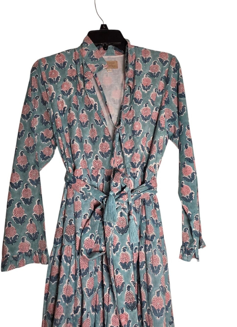 Maisha Concept XL Tiered Green Floral Long Sleeve Maxi Dress Belt Pockets Summer - Picture 2 of 9